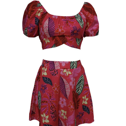 Flower Print Bubble Sleeves With Exposed Navel Short Top, Pleated Short Skirt Set FitiqueFit