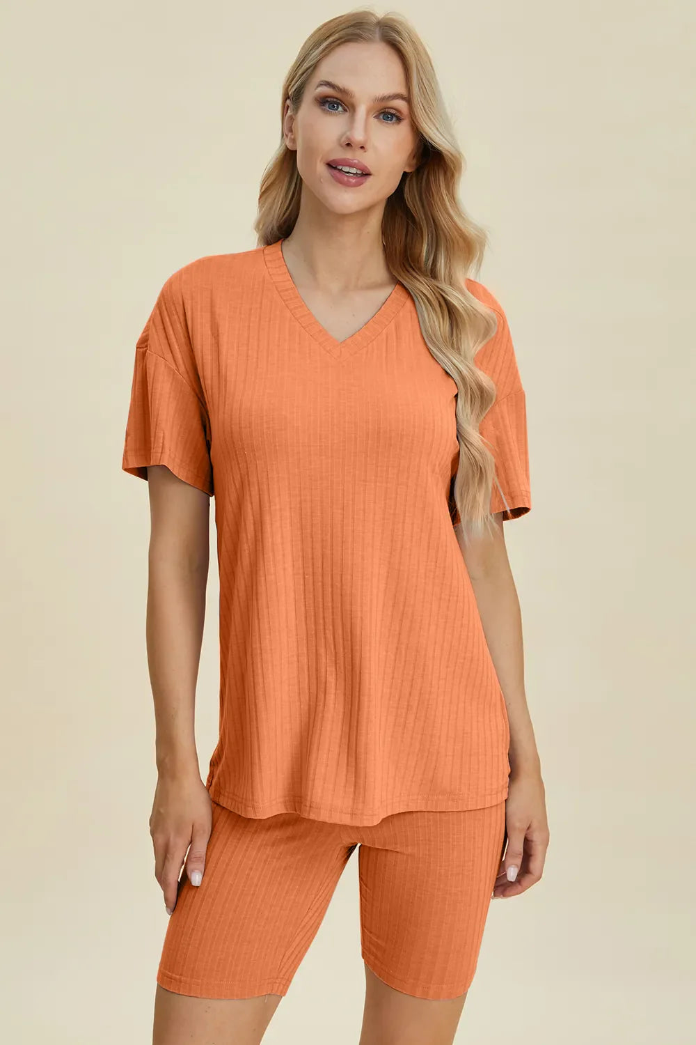 Basic Bae Full Size Ribbed V-Neck Short Sleeve Top and Shorts Set New Era Fashion LLc