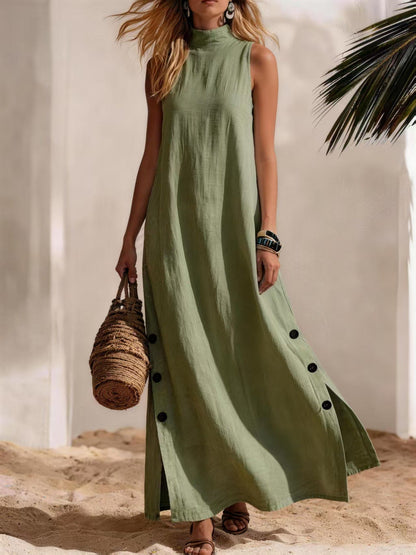 Cotton Linen Sleeveless Midi Dress – Side Slits & Loose Fit FitiqueFit
