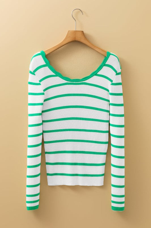 Stripe Scalloped Scoop Neck Ribbed Knit Sweater Shop Style & More | Fresh Looks, Everyday Deals & Free Shipping