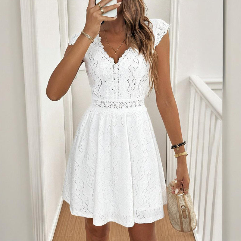 Women’s V‑Neck Short‑Sleeve Dress with Lace Trim FitiqueFit