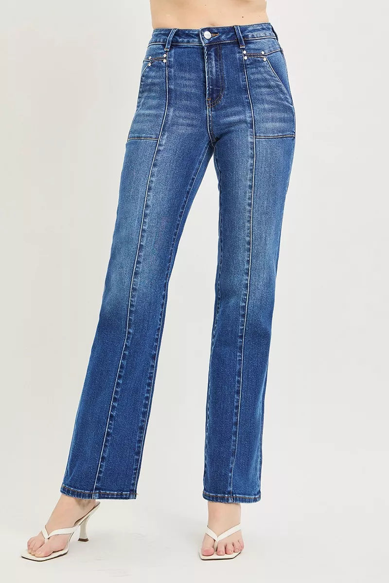 RISEN High Rise Straight Patch Pocket Seamed Jeans New Era Fashion LLc