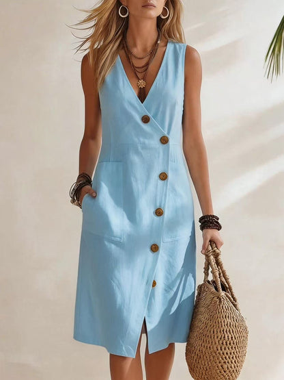 Women's Resort V-Neck Sleeveless Asymmetrical-Button Midi Dress FitiqueFit