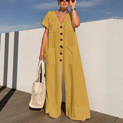 Single-breasted Pocket Elegant Solid Color Jumpsuit Grayceful LLC