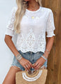 Hollow-Out Embroidered Three-Quarter Sleeve Shirt – Women's Elegant Pullover Top FitiqueFit