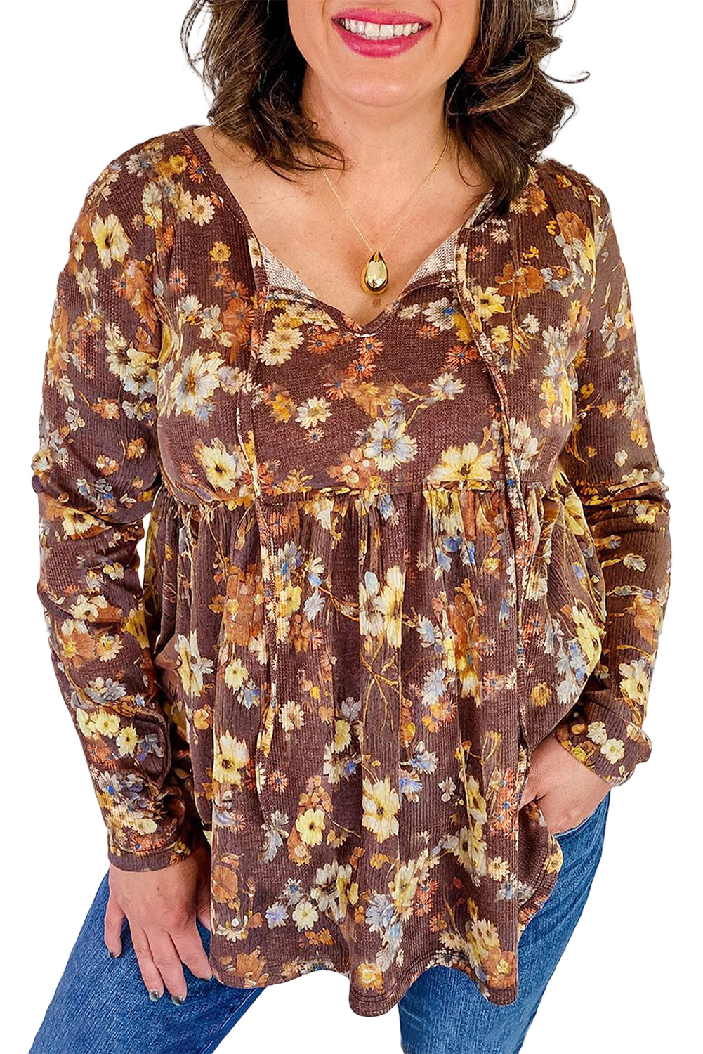 Khaki Floral Textured Long Sleeve Tie Neck Plus Size Babydoll Blouse Garden Naked Curves