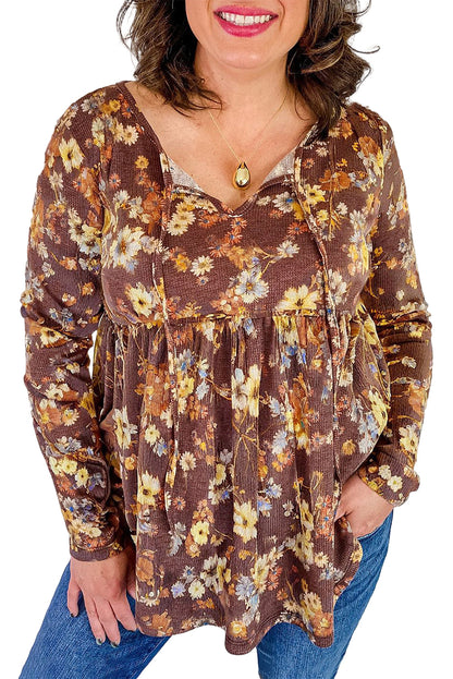 Khaki Floral Textured Long Sleeve Tie Neck Plus Size Babydoll Blouse Garden Naked Curves