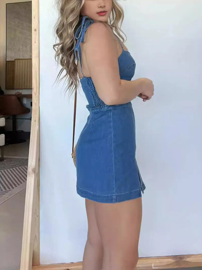 Full Size Tie-Strap Denim Mini Dress Plus Size New Era Fashion LLc
