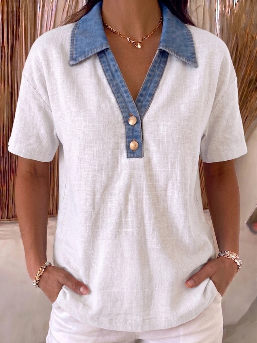 Women's Denim-Trimmed Linen Cotton Contrast Shirt FitiqueFit