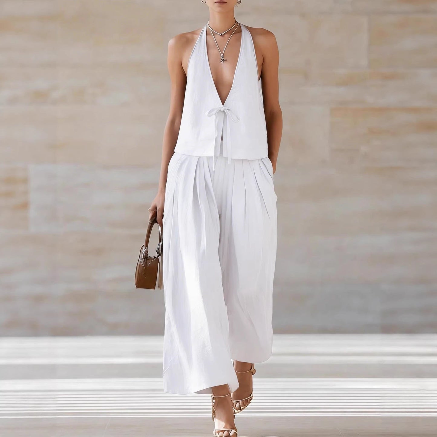 Women's Sleeveless Vest & Wide-Leg Pants Set – 2-Piece Lace-Up Outfit FitiqueFit