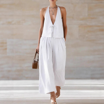 Women's Sleeveless Vest & Wide-Leg Pants Set – 2-Piece Lace-Up Outfit FitiqueFit