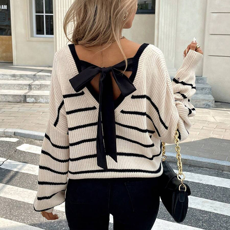Women’s Striped V-Neck Sweater with Back Bow FitiqueFit