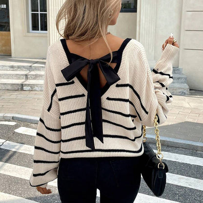 Women’s Striped V-Neck Sweater with Back Bow FitiqueFit