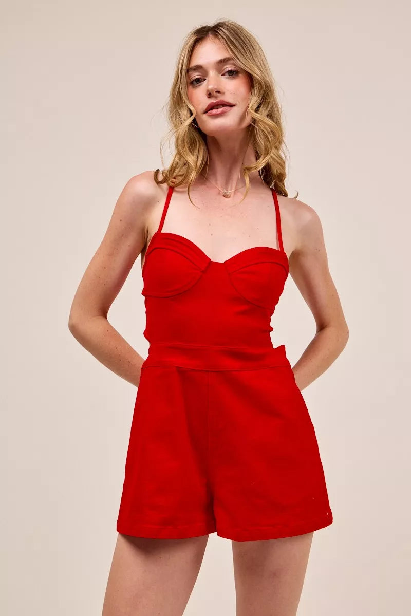 SO ME Fitted Open Back Game Day Romper with Lace Up Deta West2East Surf