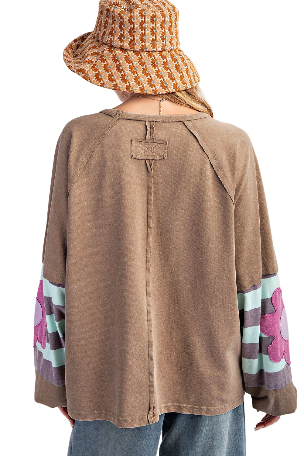 Light French Beige Flower Striped Patchwork Puff Sleeve Loose Sweatshirt Garden Naked Curves