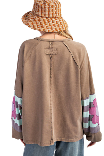 Light French Beige Flower Striped Patchwork Puff Sleeve Loose Sweatshirt Garden Naked Curves