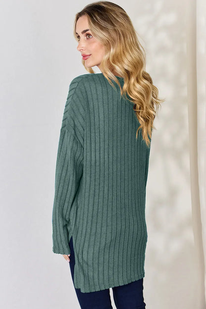 Basic Bae Full Size Ribbed Half Button Long Sleeve High-Low T-Shirt New Era Fashion LLc