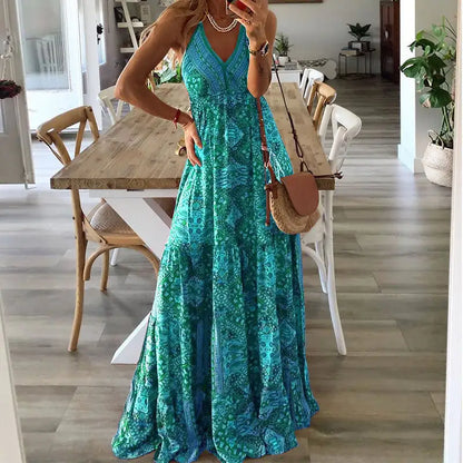 Bohemian High Waisted V-neck Floral Dress
