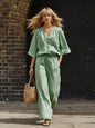 Women's Linen Button-Up Cardigan & Wide-Leg Pants Set – 2-Piece Outfit FitiqueFit