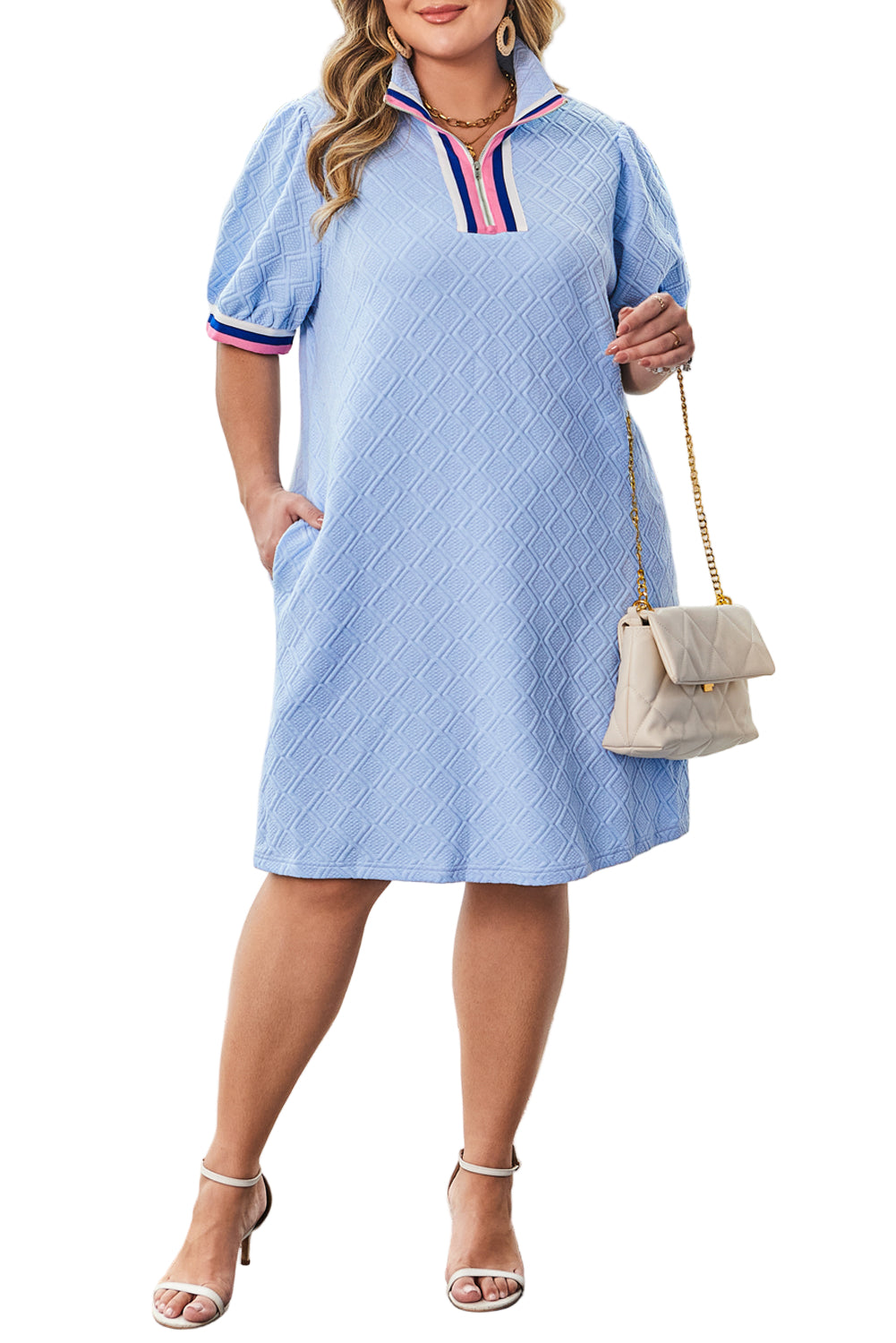 Beau Blue Contrast Striped Trim Zipped Stand Collar Textured Puff Sleeve Plus Size T Shirt Dress Garden Naked Curves
