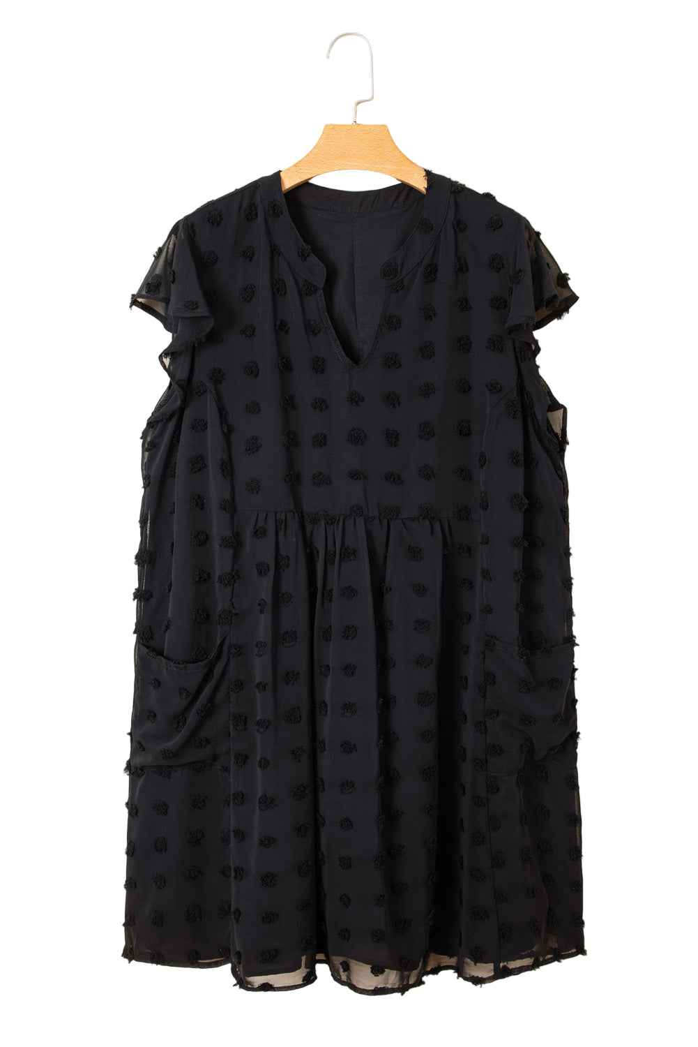 Black Dotty Textured Notched Neck Plus Ruffled Dress Garden Naked Curves