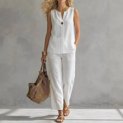 Women's Sleeveless V-Neck Top & Full-Length Pants Two-Piece Set FitiqueFit