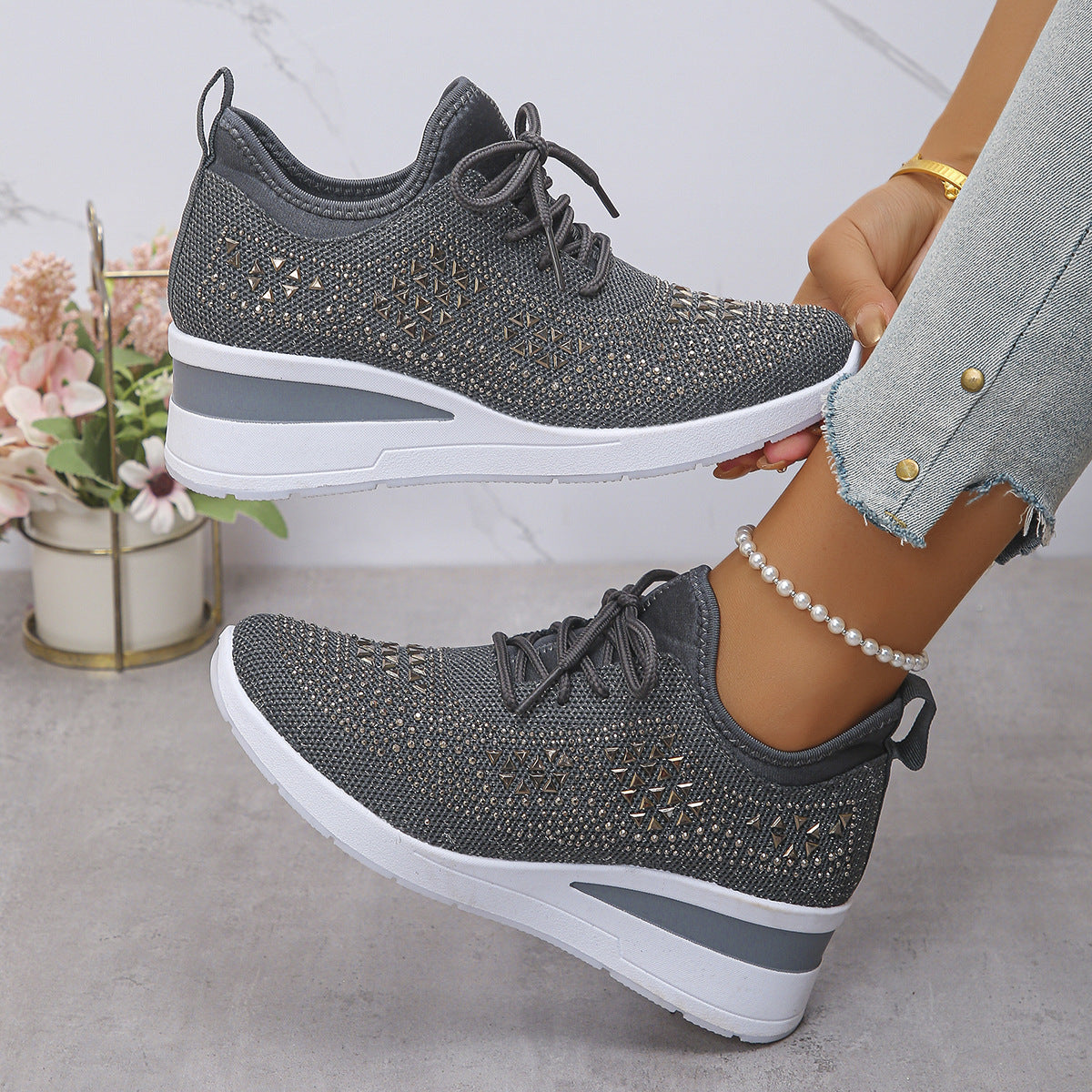 Ins Rhinestone Sneakers Fashion Lace Up Wedges Casual Shoes Women's Daily Commuting Sports Shoes See size chart under “more details” The Fashion Celestial