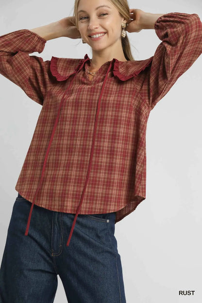 Umgee Full Size Plaid Ruffle Collar Blouse Plus Size Garden Naked Curves