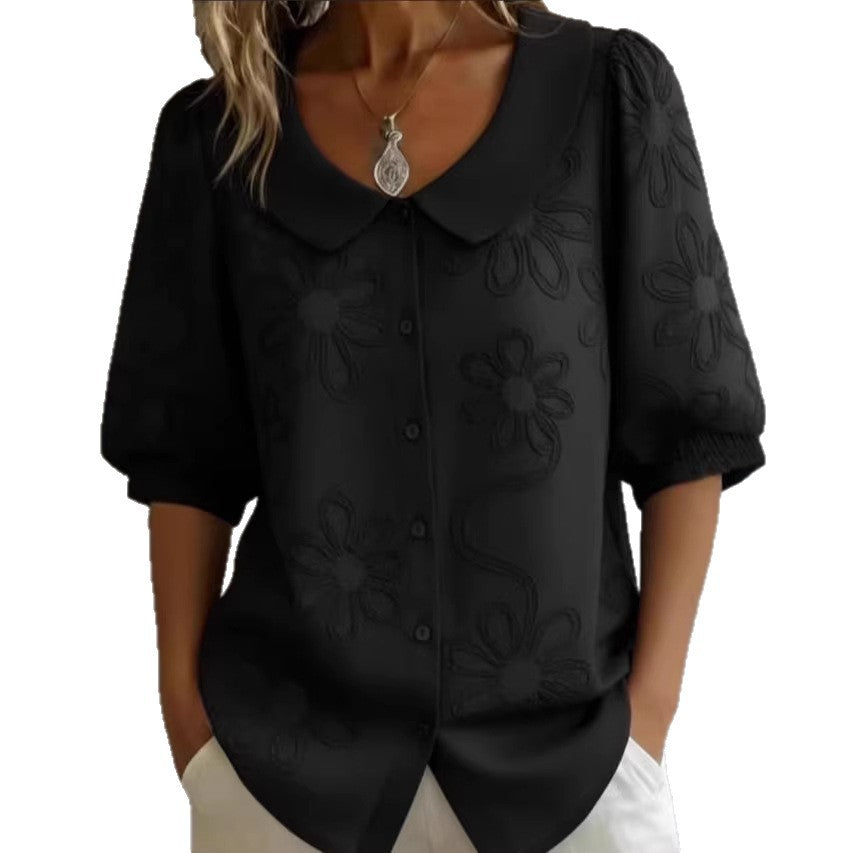 Women's Loose-Fit Retro 3D Embroidered Floral Shirt – Buttoned Casual Top FitiqueFit