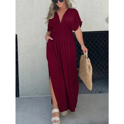 Bat-sleeved V-neck Slit  Elastic Waist Long Dress Grayceful LLC