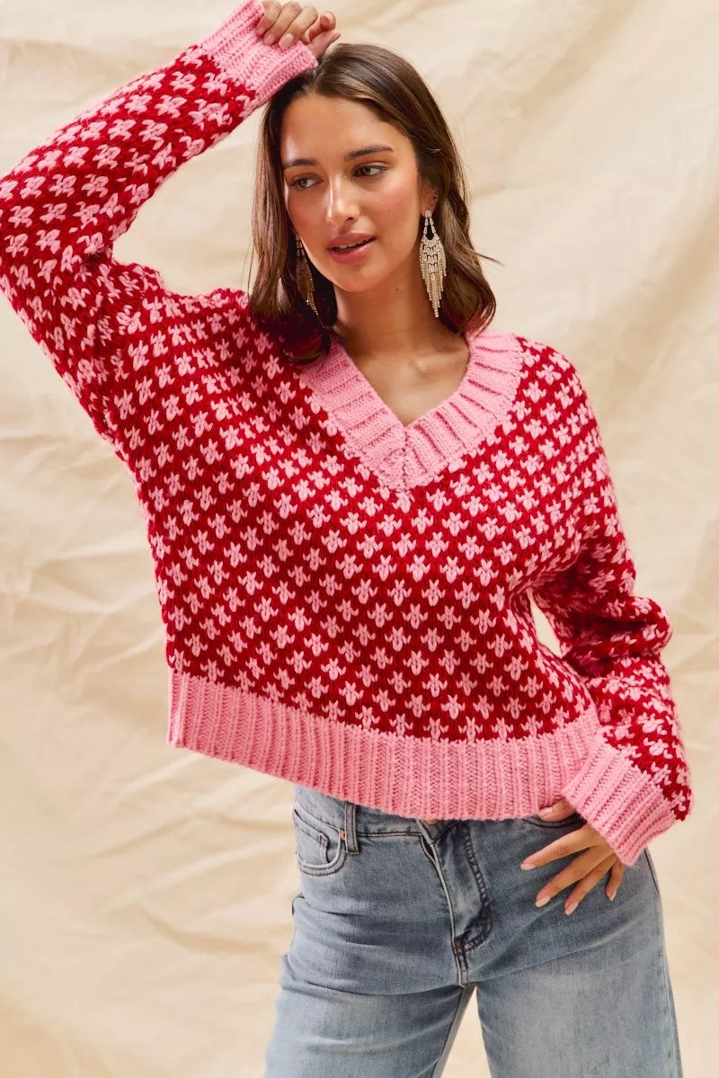 SO ME Color Block Textured Christmas Sweater V Neck Top FitiqueFit