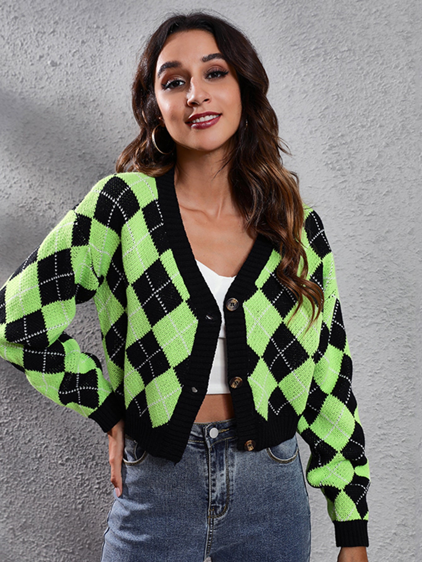 Women'S Elegant Tartan Knit Cardigan, V-Neck Short Length Sweater with Button Detail, Acrylic 100% Long Sleeve Knitwear for Fall/Winter NovaCart