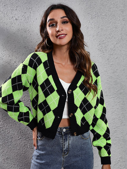 Women'S Elegant Tartan Knit Cardigan, V-Neck Short Length Sweater with Button Detail, Acrylic 100% Long Sleeve Knitwear for Fall/Winter NovaCart
