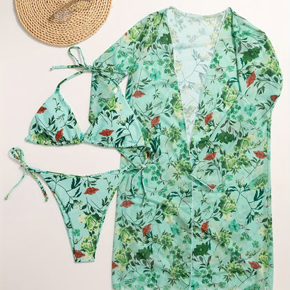 Bikini European Style Floral Print 3 Piece Swimsuit Set for Women – Sexy V Neck Bikini with Cross Strap Detail and Matching Long Sleeve Cover-Up – High Stretch Trendy Swimwear for Summer Beach Vacations Resort Looks and Poolside Fashion Stevvex