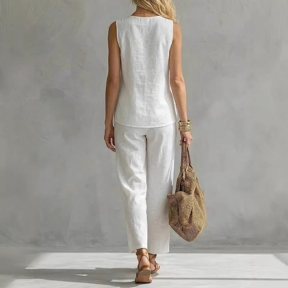 Women's Sleeveless V-Neck Top & Full-Length Pants Two-Piece Set FitiqueFit