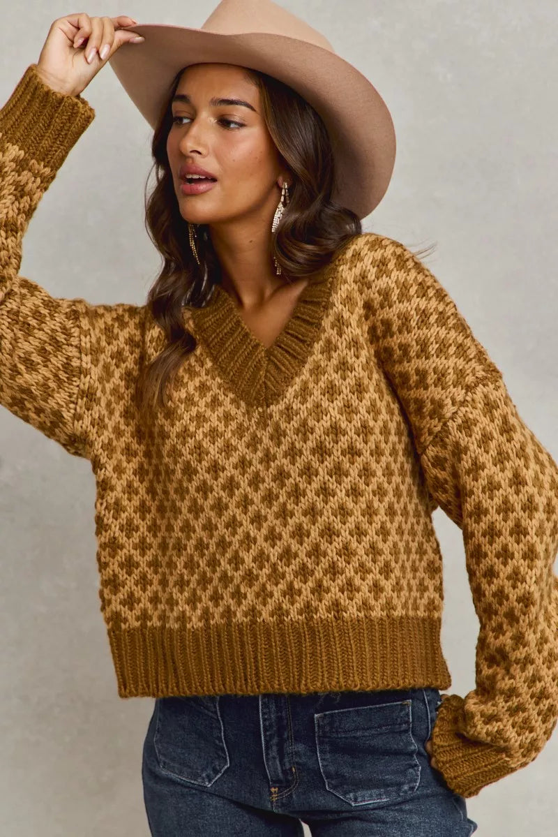 SO ME Color Block Textured Christmas Sweater V Neck Top West2East Surf