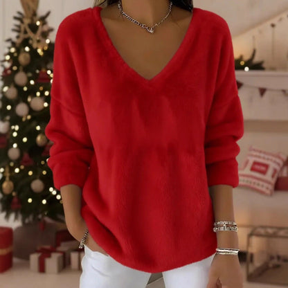 Women’s Plush V Neck Drop Shoulder Pullover Sweater FitiqueFit