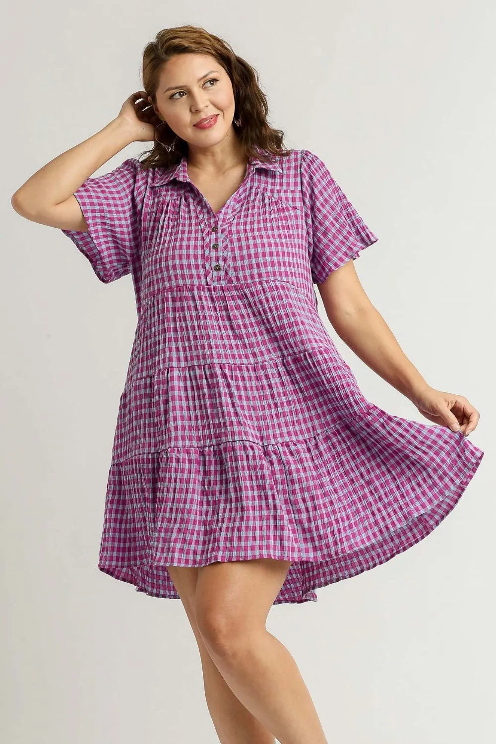 Umgee Full Size Gingham Tiered Button Detail Short Sleeve Dress Plus Size West2East Surf