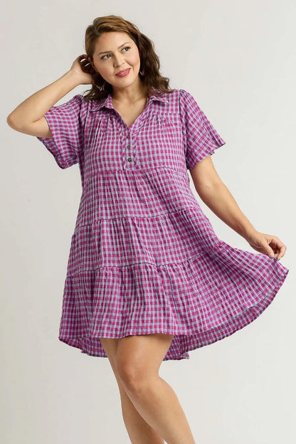 Umgee Full Size Gingham Tiered Button Detail Short Sleeve Dress Plus Size West2East Surf