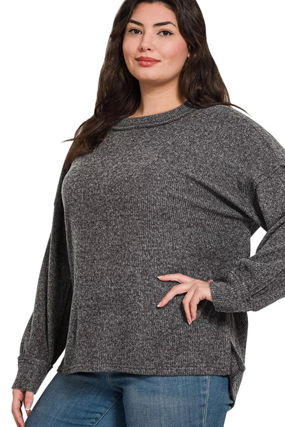 Zenana Full Size Brushed Ribbed Hacci Drop Shoulder Sweater Plus Size Garden Naked Curves