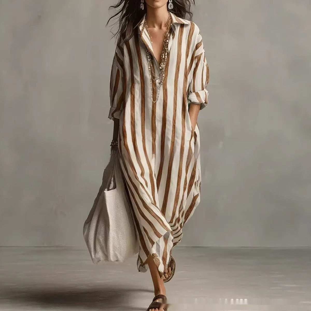 Striped Lapel Collar Dress – Side Slits & Pockets FitiqueFit