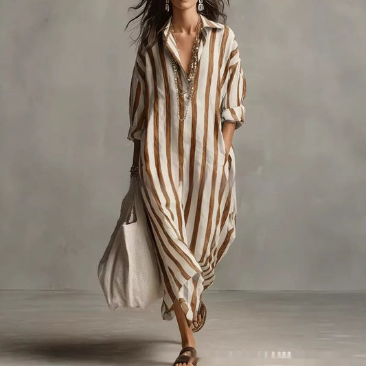 Striped Lapel Collar Dress – Side Slits & Pockets FitiqueFit