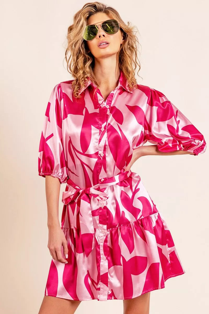 BiBi Leaf Pattern Collared Satin Dress New Era Fashion LLc