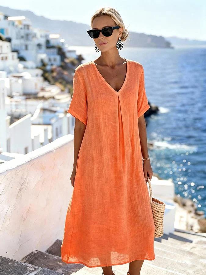 Patchwork Asymmetrical Maxi Dress – Relaxed V-Neck Style FitiqueFit