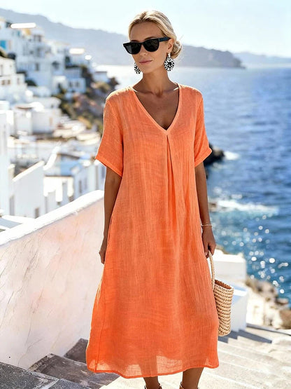Patchwork Asymmetrical Maxi Dress – Relaxed V-Neck Style FitiqueFit