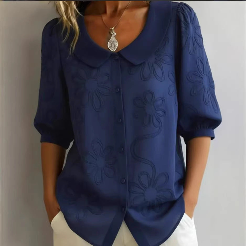 Women's Loose-Fit Retro 3D Embroidered Floral Shirt – Buttoned Casual Top FitiqueFit