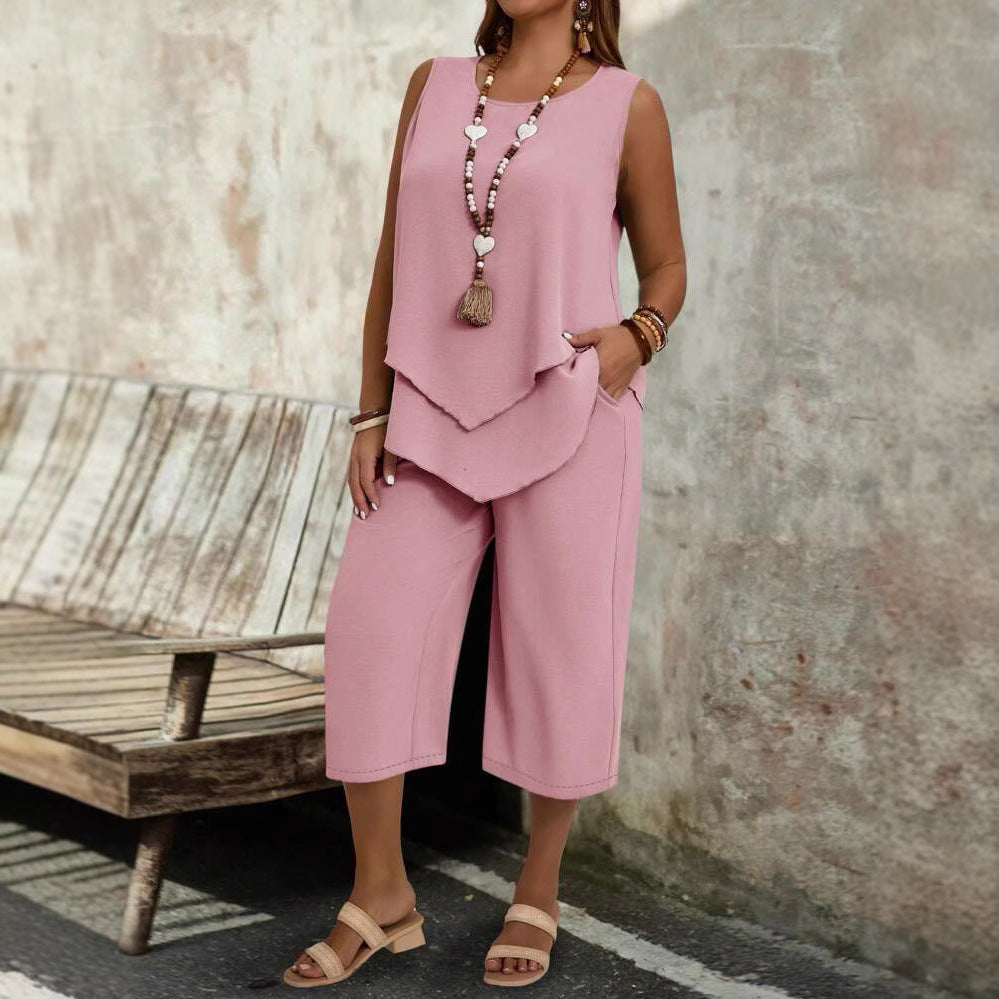 Casual Solid-Colored Sleeveless Top And Cropped Pants Two-Piece Set FitiqueFit