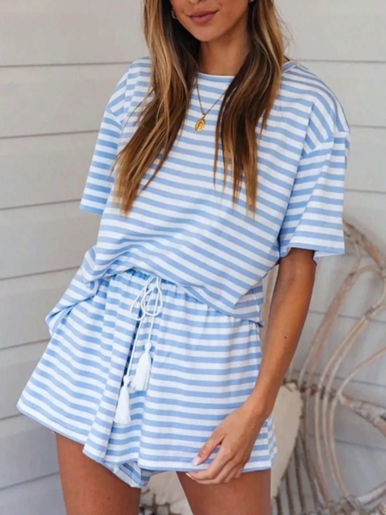 Striped Short Sleeve Tee and Drawstring Shorts Set New Era Fashion LLc