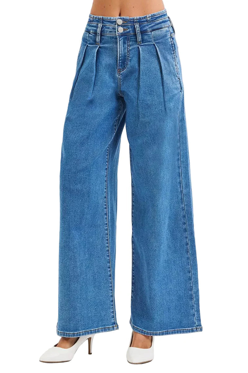 RISEN Full Size Mid Rise Fit Wide Leg with Pleated Detail Jeans Plus Size Garden Naked Curves