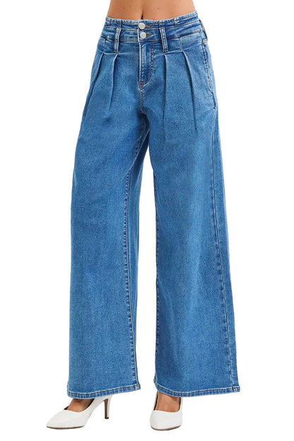 RISEN Full Size Mid Rise Fit Wide Leg with Pleated Detail Jeans Plus Size Garden Naked Curves
